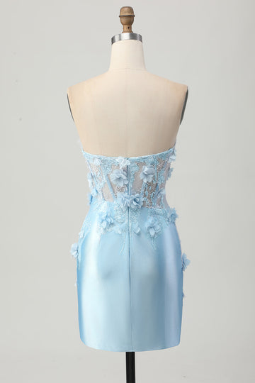 Sparkly Sky Blue Satin Bodycon Strapless Short Corset Cocktail Dress with Appliques